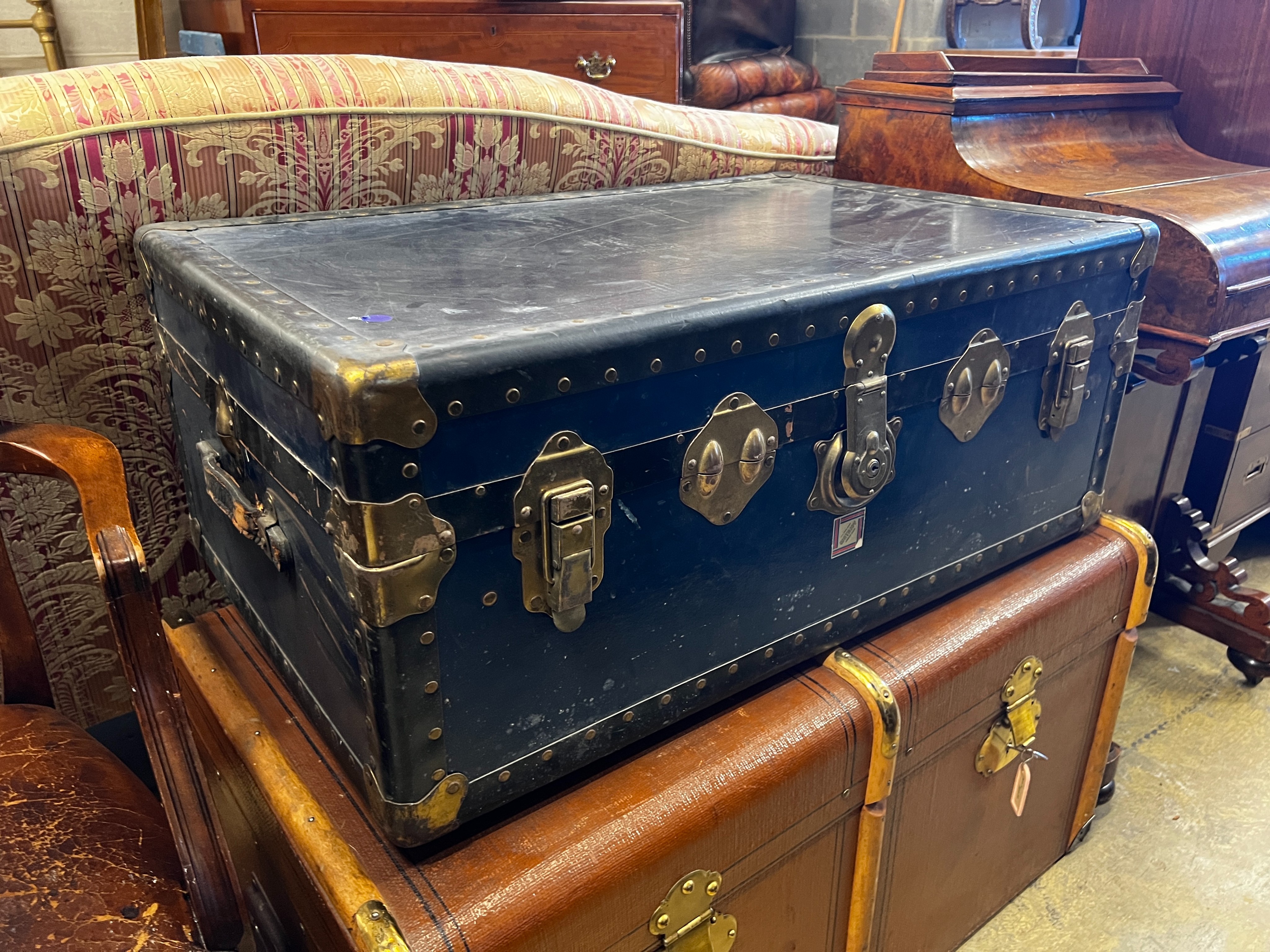 Two vintage cabin trunks, larger 89cm, depth 50cm, height 48cm